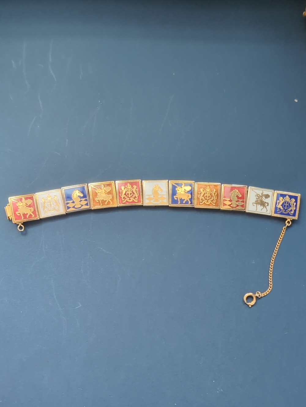 Vintage Gold-Tone Multicolor Enamel Crest Link Bracelet
